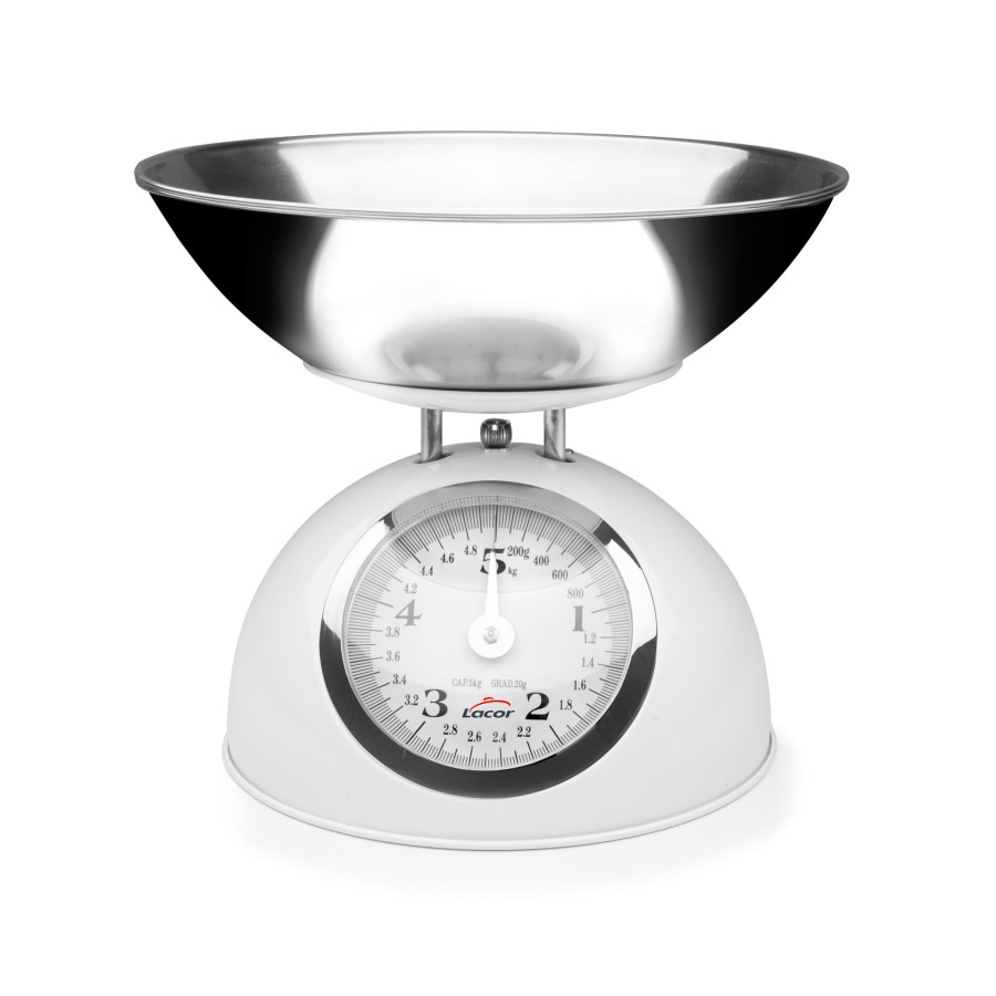 Báscula Mecánica Retro White | Bol Inox 2 L | Capacidad 5 kg | Precisión 20 g | Estilo Vintage