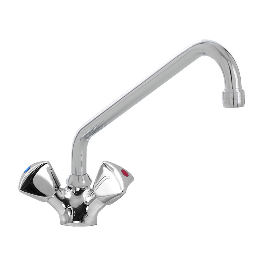 Grifo monobloc de 2 aguas y pomos triangulares. Caño giratorio Ø 20 mm, longitud 300 mm