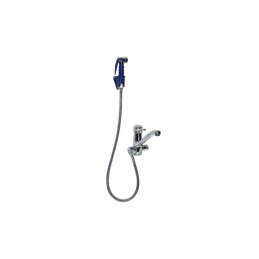 Grifo monomando de 2 aguas con ducha y soporte a la pared. Longitud del flexible 1.000 mm.