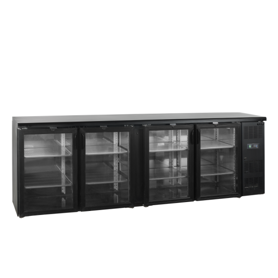 Refrigerador Backbar de Acero Inoxidable Tefcold CBC410G | 4 Puertas de Cristal | R290 | Clase C | 2542x513x860 mm