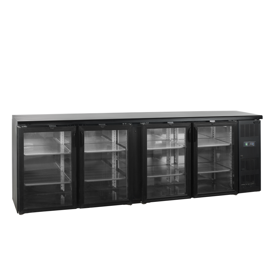 Refrigerador Backbar de Acero Inoxidable Tefcold CBC410G | 4 Puertas de Cristal | R290 | Clase C | 2542x513x860 mm