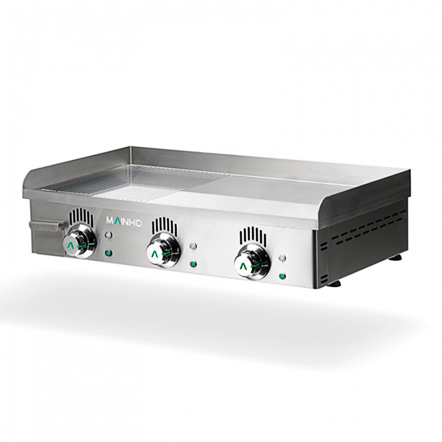 Plancha profesional eléctrica NSREM-80N de acero inoxidable con placa semi-ranurada rectificada