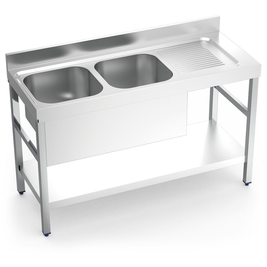 Fregadero Fricosmos | Ref: 052006 | Inox | 2 Cubetas + Escurridor Dcha. | Entrepaño | 1400x550x850 mm