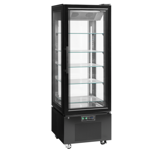 Congelador Expositor UPD400-F | 4 Caras de Cristal | Puerta sin Marco | 650x650x1950 mm | Capacidad 248 L | Acabado Negro