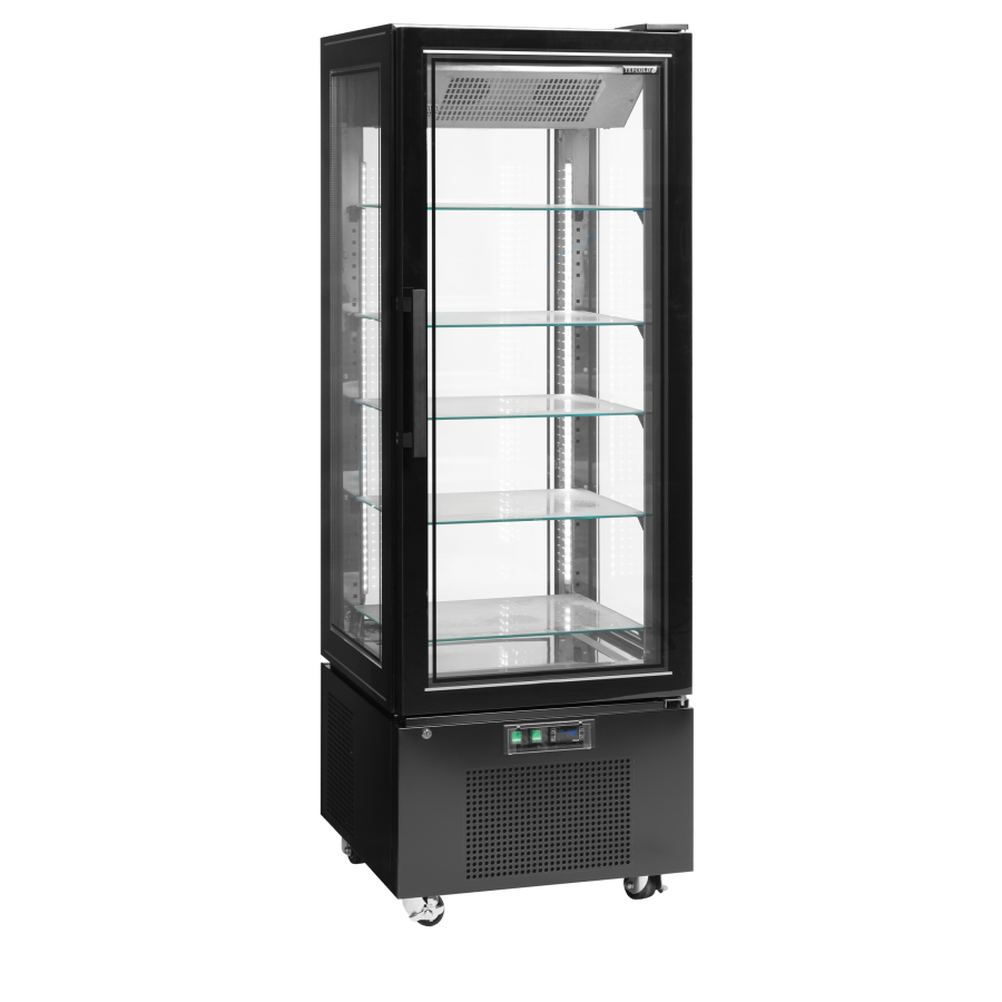 Congelador Expositor UPD400-F | 4 Caras de Cristal | Puerta sin Marco | 650x650x1950 mm | Capacidad 248 L | Acabado Negro