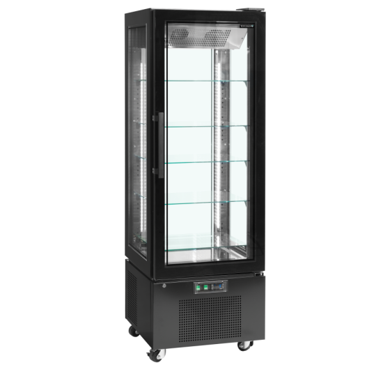 Expositor Refrigerado UPD400-C | 4 Caras de Cristal | Puerta sin Marco | 650x650x1950 mm | Capacidad 248 L | Acabado Negro