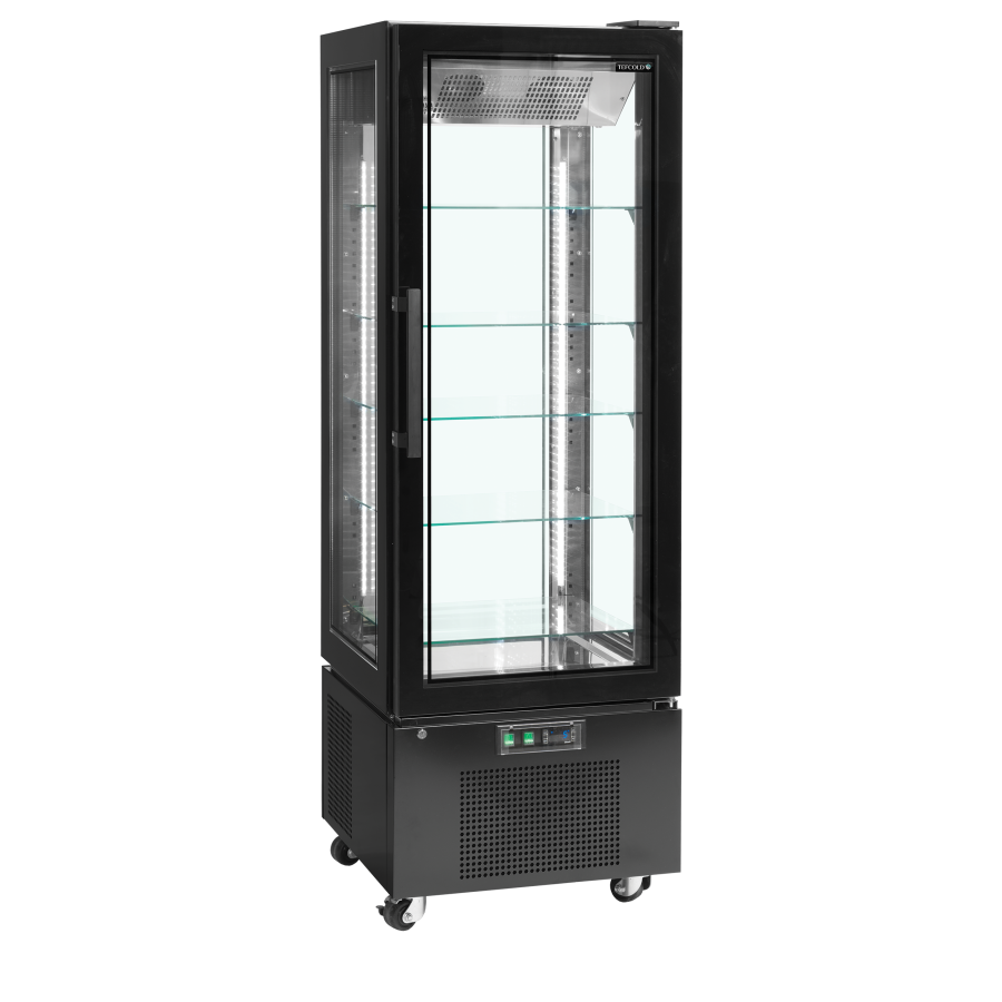 Expositor Refrigerado UPD400-C | 4 Caras de Cristal | Puerta sin Marco | 650x650x1950 mm | Capacidad 248 L | Acabado Negro