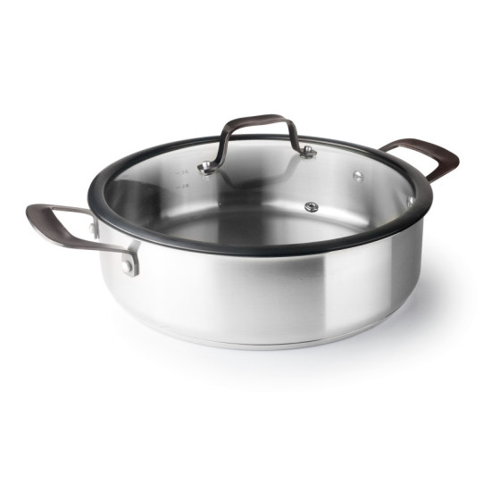 Cacerola Baja Origin con Tapa de Vidrio Templado 47128 | Inox 18/10 | Ø 28 cm | 4,70 L | Detalles Oro PVD | Medidor Interior