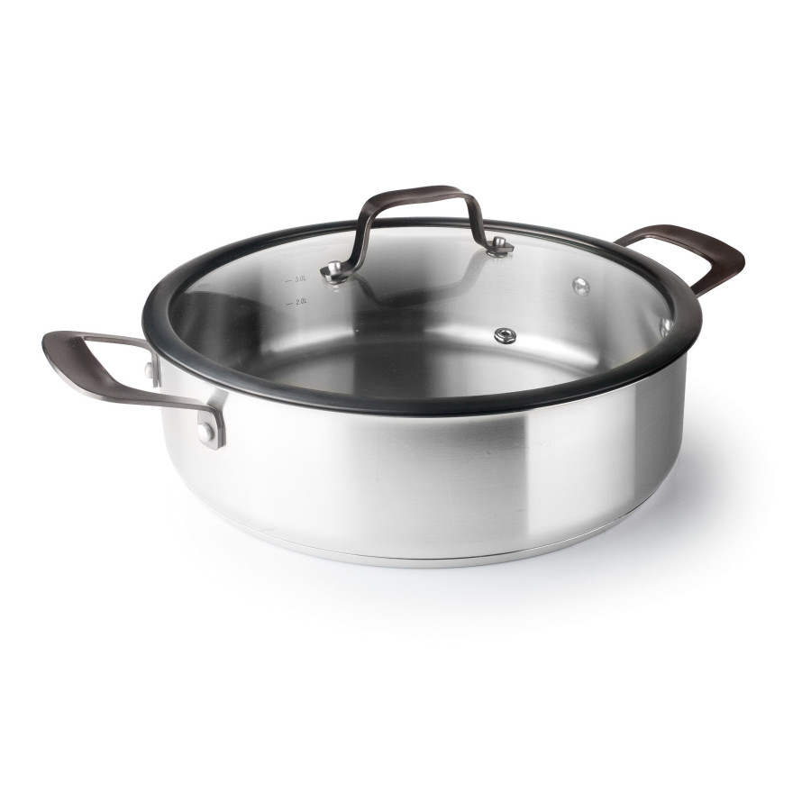 Cacerola Baja Origin con Tapa de Vidrio Templado 47128 | Inox 18/10 | Ø 28 cm | 4,70 L | Detalles Oro PVD | Medidor Interior