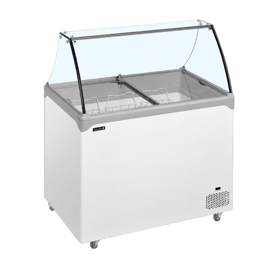 Congelador de Arcón TEFCOLD NIC402SC-SO | Vitrina para 10 Cubetas (5L) | 1320x650x885 mm | Cristal Curvo | Clase Climática 5