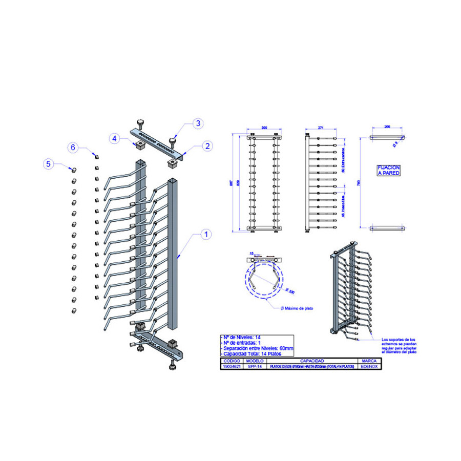 Porta Platos Mural Edenox SPP-14 | Capacidad 14 Platos | Ajustable
