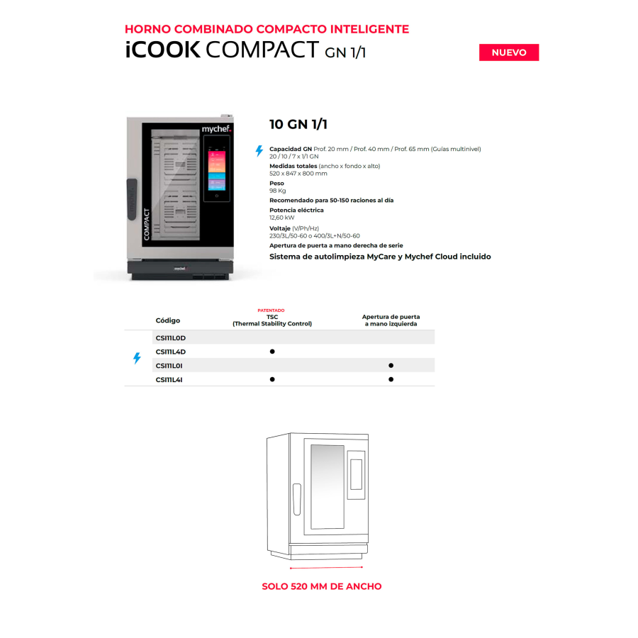 Horno Mychef iCOOK COMPACT | GN 1/1 y 2/3 | Inteligente y Estrecho