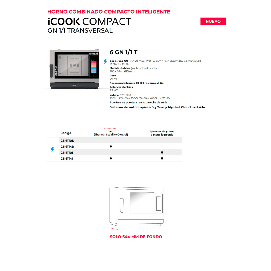 Horno Mychef iCOOK COMPACT Transversal | 6 GN 1/1 | Fondo Reducido