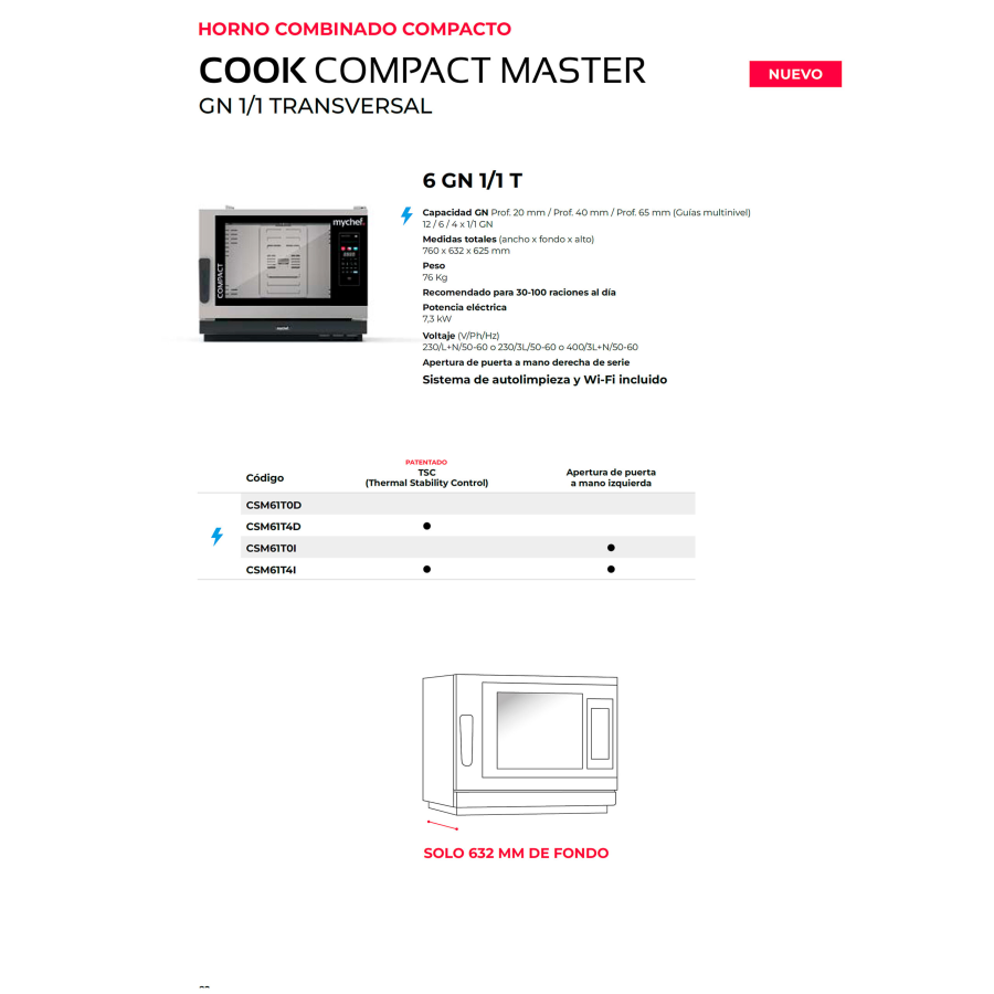 Horno Mychef COOK COMPACT MASTER Transversal | 6 GN 1/1 | Fondo Slim